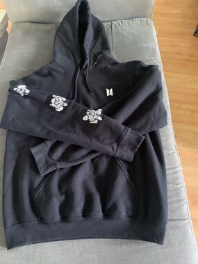 BTS Fake Love Hooded Sweatshirt with White Floral Sleeve Accents